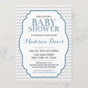 Modern Blue and Grey Chevron Baby Shower Invites