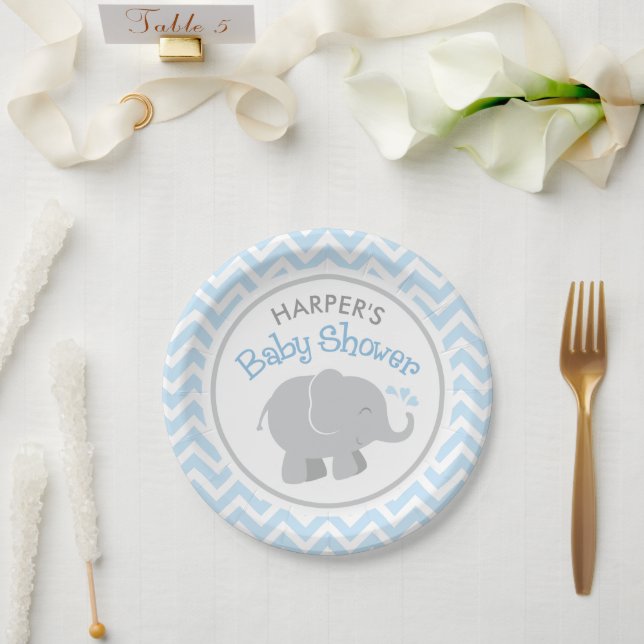 Modern Blue and Grey Elephant Boy Baby Shower Paper Plate (Wedding)