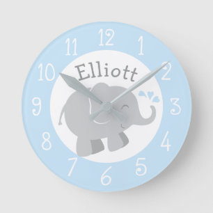 Modern Blue and Grey Elephant Custom Monogram Round Clock