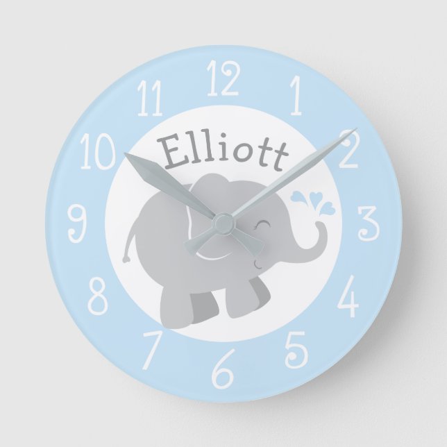 Modern Blue and Grey Elephant Custom Monogram Round Clock (Front)