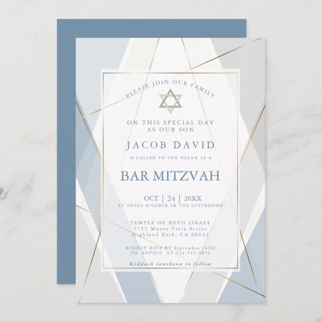 Modern Blue and Grey Lines Bar Mitzvah Invitation (Front/Back)