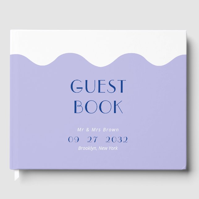 Modern Blue and Lavender Wave Wedding Guest Book (Front)