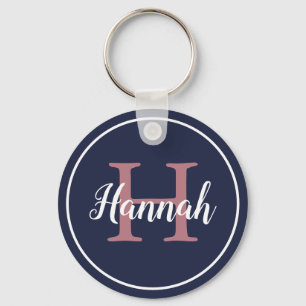 Modern Blue and Pink Script Monogram Name Key Ring