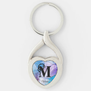 Modern Blue and Purple marbled monogram Key Ring