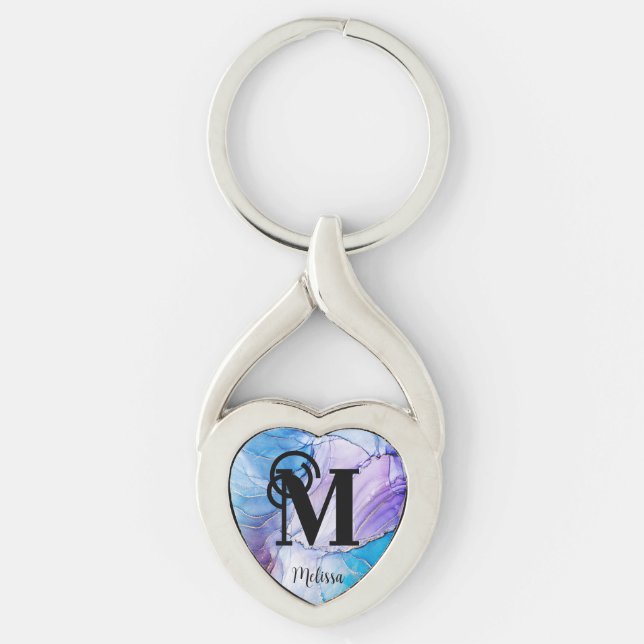 Modern Blue and Purple marbled monogram Key Ring (Front)