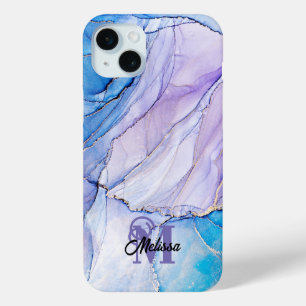 Modern Blue and Purple Marbled monogramed  iPhone 15 Mini Case