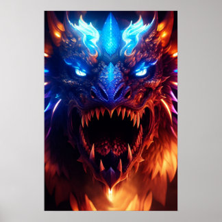Modern Blue And Red Glowing Fantasy Dragon Graphic Poster