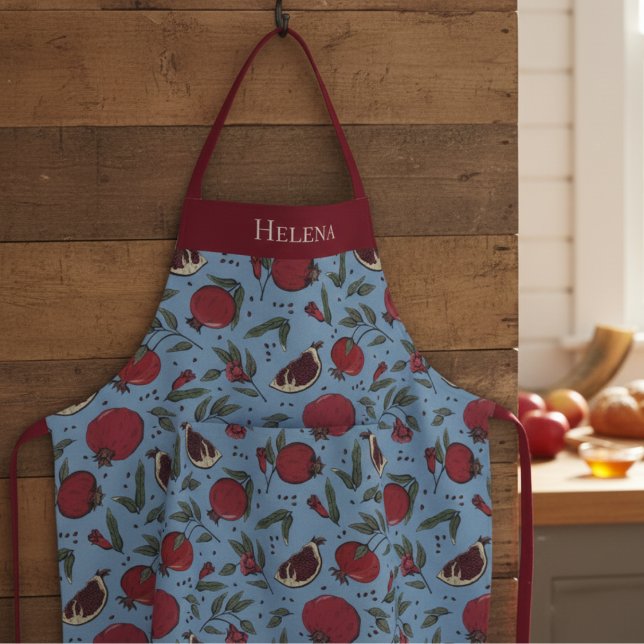 Modern Blue and Red Pomegranate Fruit Pattern Apron (Modern Blue and Red Pomegranate Pattern Apron for Her for Rosh Hashanah & Nature Lover or Gardener)