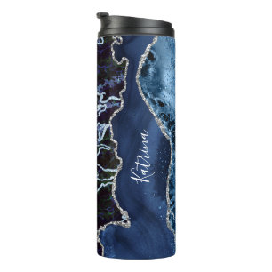 Modern Blue and Silver Agate Marbled  Thermal Tumbler