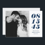 Modern Blue and White Bold Date Typography Photo Save The Date<br><div class="desc">Modern Navy Blue and White Bold Date Typography Photo Save the Date | A customisable save the date flat card featuring bold typography and stripes pattern. This stylish photo save the date card is perfect for any wedding theme and any season. You can further customise the card by changing the...</div>