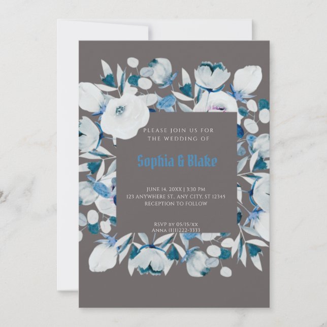 Modern Blue and White Floral Framed Grey Wedding Invitation (Front)