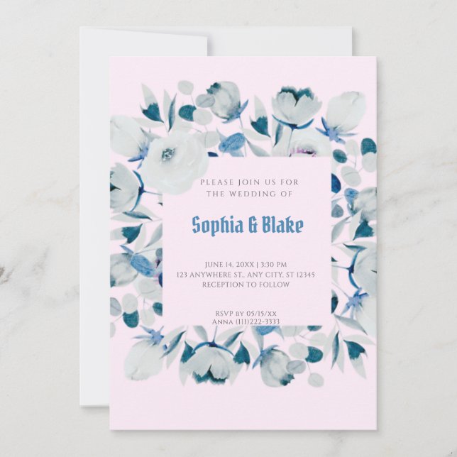 Modern Blue and White Floral Framed Pink Wedding Invitation (Front)