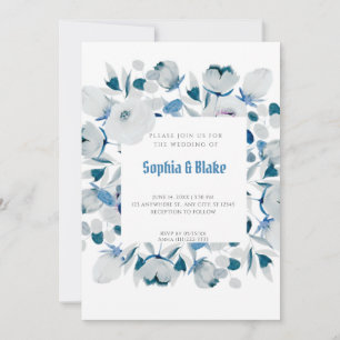 Modern Blue and White Floral Framed White Wedding Invitation