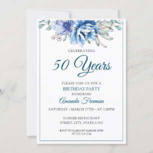 Modern Blue and White Floral Mother Birthday Invitation