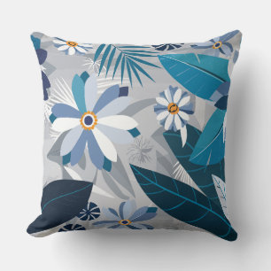 Modern Blue and White Floral with Geometric Leaves Cushion