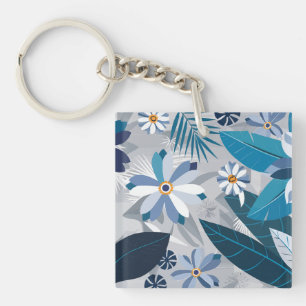 Modern Blue and White Floral with Geometric Leaves Key Ring