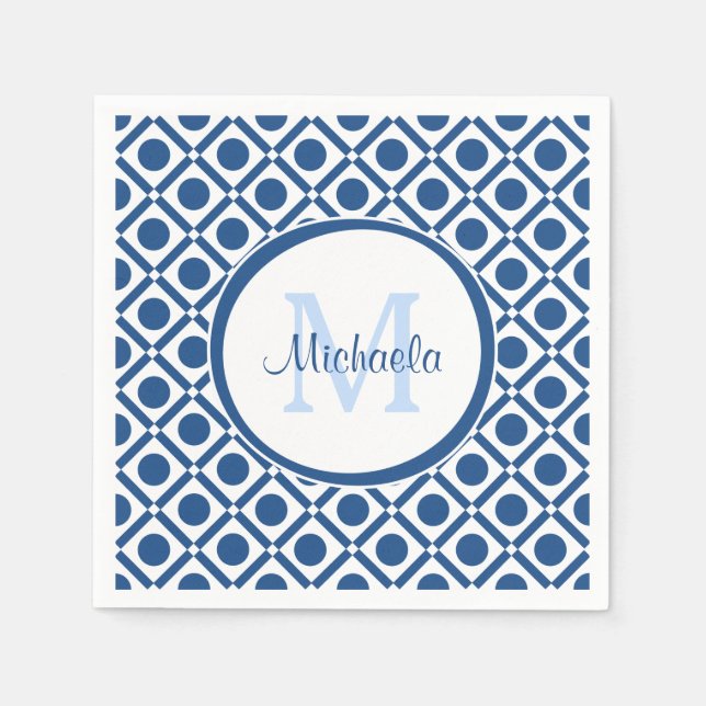 Modern Blue and White Geometric Monogram With Name Napkin (Front)