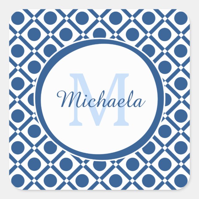 Modern Blue and White Geometric Monogram With Name Square Sticker (Front)