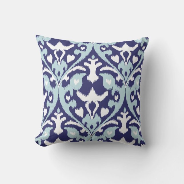 Modern blue and white girly ikat tribal pattern cushion (Front)