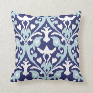 Modern blue and white girly ikat tribal pattern cushion