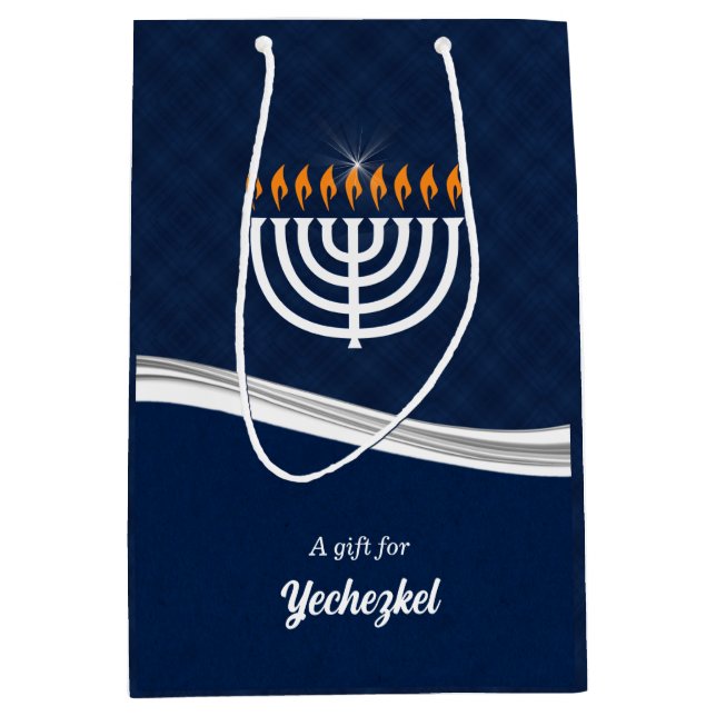 Modern Blue and White Hanukkah Custom Name Medium Gift Bag (Front)
