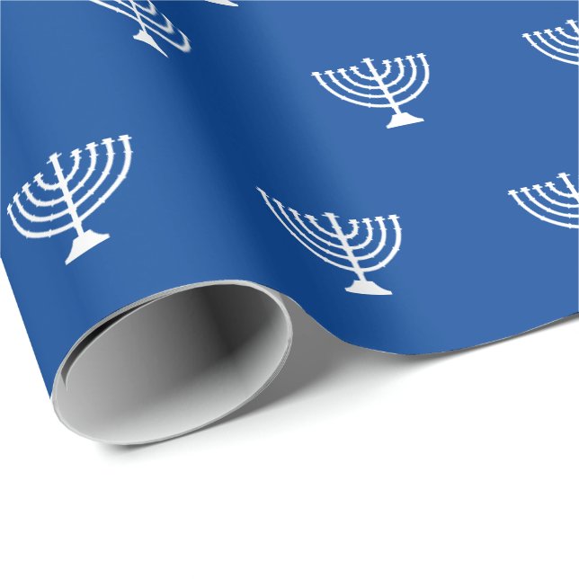 Modern blue and white Jewish menorah pattern Wrapping Paper (Roll Corner)