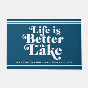 Modern Blue and White Lake Life Family Name   Doormat