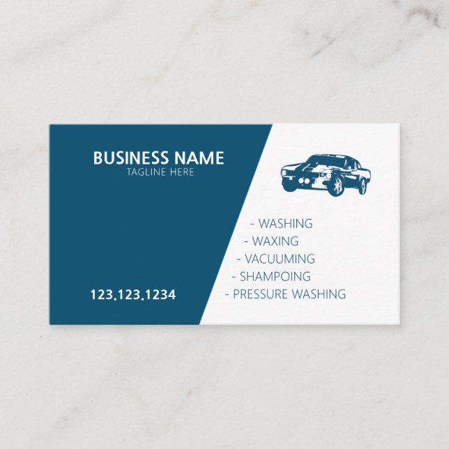Modern Blue and White Mobile Car Wash & Detailing Business Card (Front)