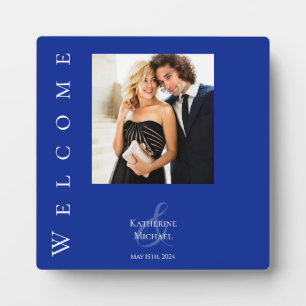 Modern Blue and White-Photo Wedding-Table Sign- Plaque
