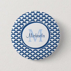 Modern Blue and White Scallops Monogram and Name 6 Cm Round Badge