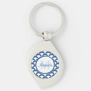 Modern Blue and White Scallops Monogram and Name Key Ring