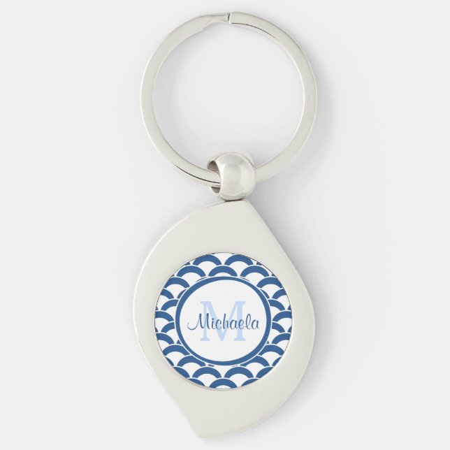 Modern Blue and White Scallops Monogram and Name Key Ring (Front)