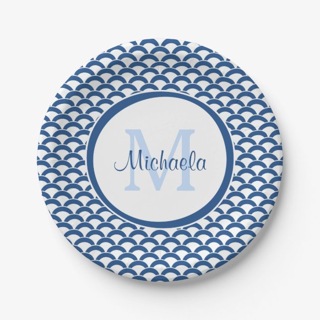 Modern Blue and White Scallops Monogram and Name Paper Plate (Front)
