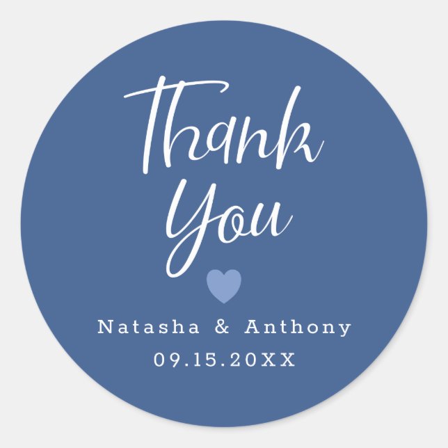 Modern Blue And White Script Thank You Wedding Classic Round Sticker (Front)