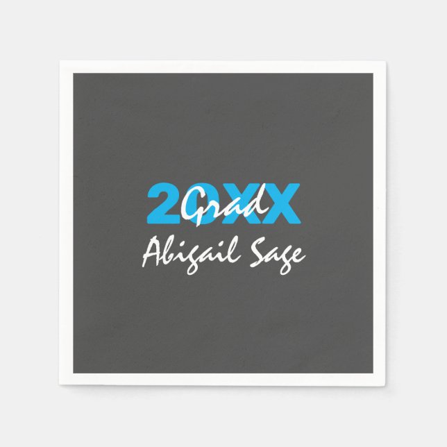 Modern Blue and White Text on Grey Graduation Napkin (Front)