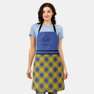 Modern Blue and Yellow Plaid Monogram Name Apron