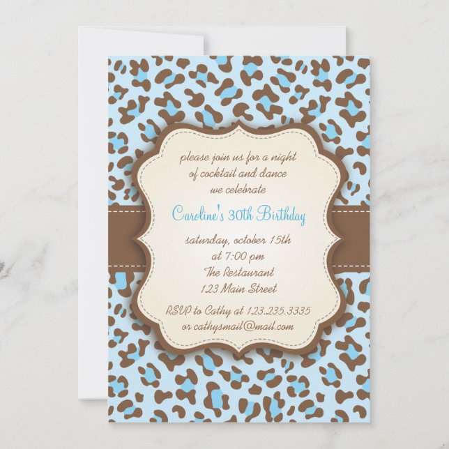 Modern Blue Animal Print Girly Birthday Party Invitation (Front)