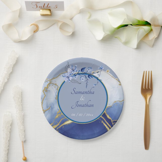Modern Blue Aqua Marble Wedding Paper Plate (Wedding)
