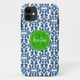 Modern Blue Arabesque Damask Green Personalised iPhone 11 Case