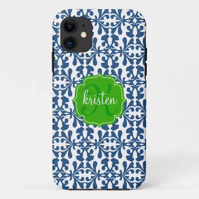 Modern Blue Arabesque Damask Green Personalised Case-Mate iPhone Case (Back)