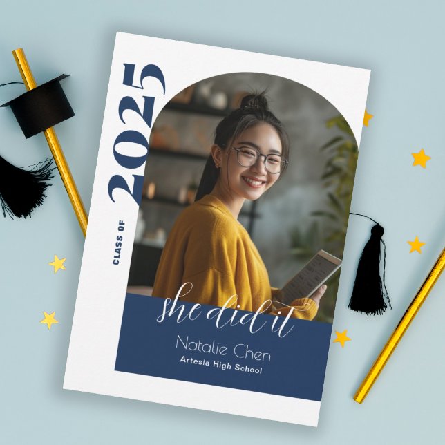 Modern Blue Arch Photo She Did It Graduation  Announcement (Creator Uploaded)