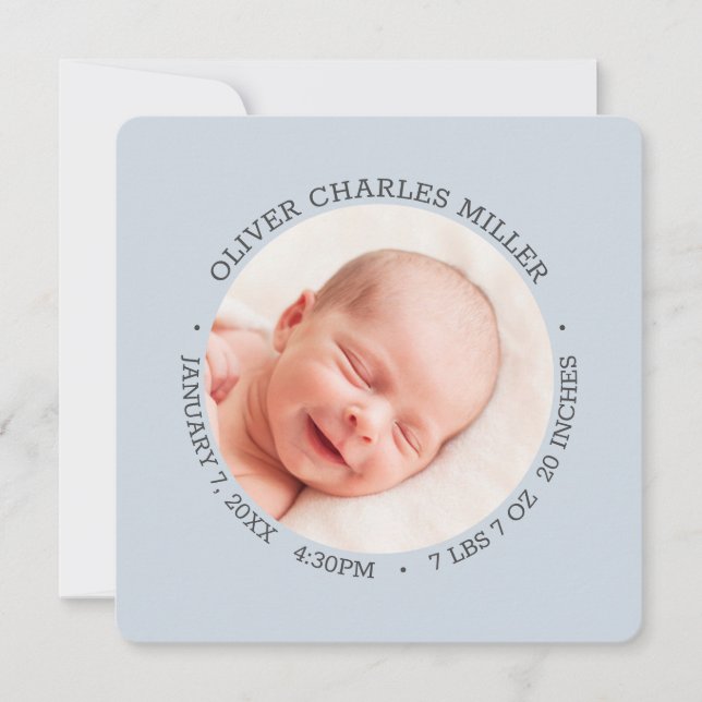 Modern Blue Baby Birth Announcement Photo Card (Front)