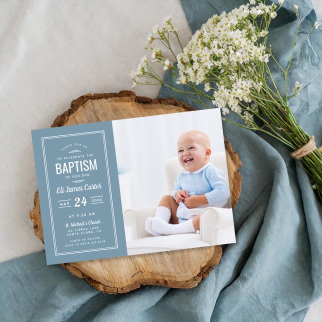 Modern Blue Baby Boy Photo Baptism Invitation (Creator Uploaded)