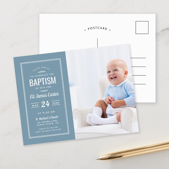 Modern Blue Baby Boy Photo Baptism Postcard (Creator Uploaded)