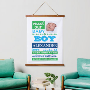 Modern Blue Baby Boy Photo Birth Announcement Hanging Tapestry