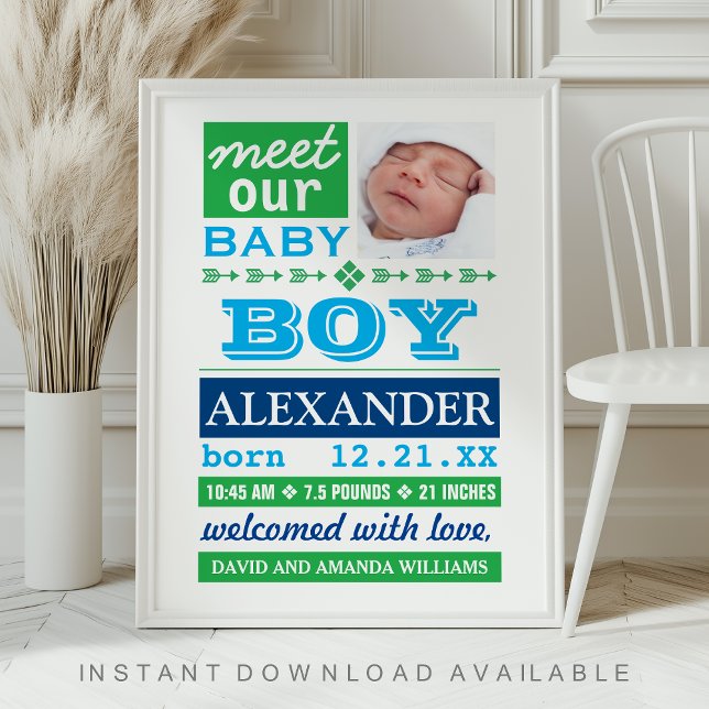 Modern Blue Baby Boy Photo Birth Announcement Poster (Creator Uploaded)