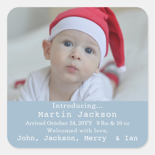 Modern Blue Baby Boy Photo Birth Announcement  Square Sticker (Front)