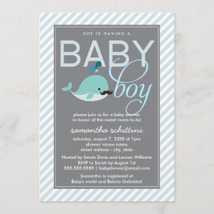 Modern Blue Baby Shower Boy Little Whale Moustache Invitation
