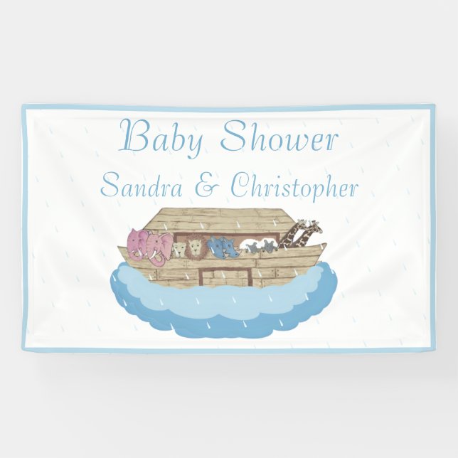 Modern Blue Baby Shower Boy Noah's Ark Elephant Banner (Horizontal)