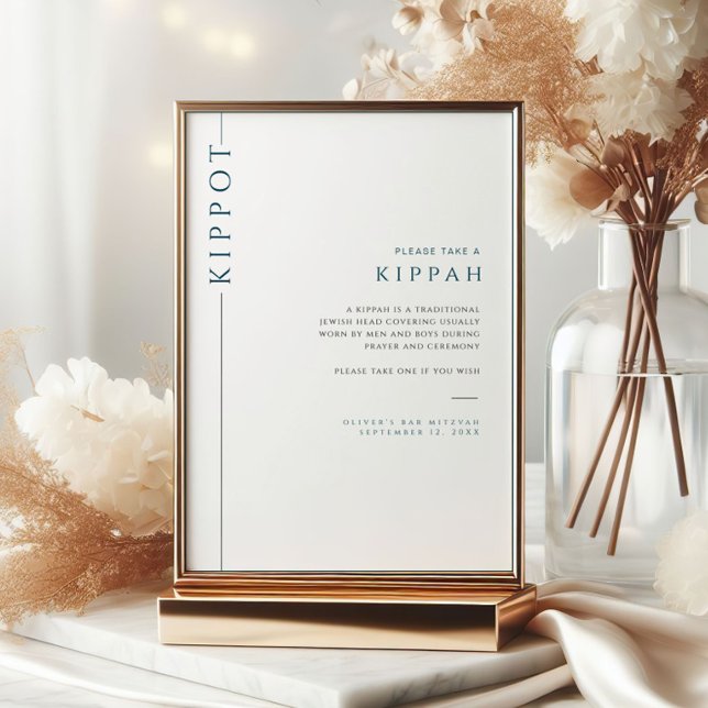 Modern Blue Bar Mitzvah Kippot Tabletop Sign Invitation (Creator Uploaded)